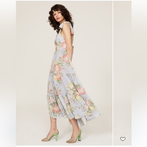 Yumi Kim Tinley Dress Blue Pink Floral Tie Strap Ruffle Midi Dress 10 Wedding - Picture 9 of 13